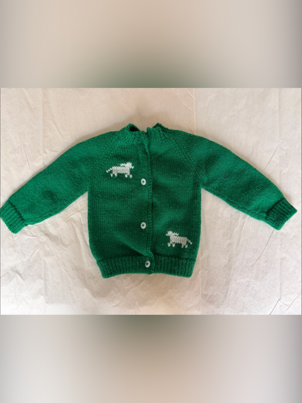 Green HandKnit Baby or Doll Cardigan with White Dog Motif. No tags